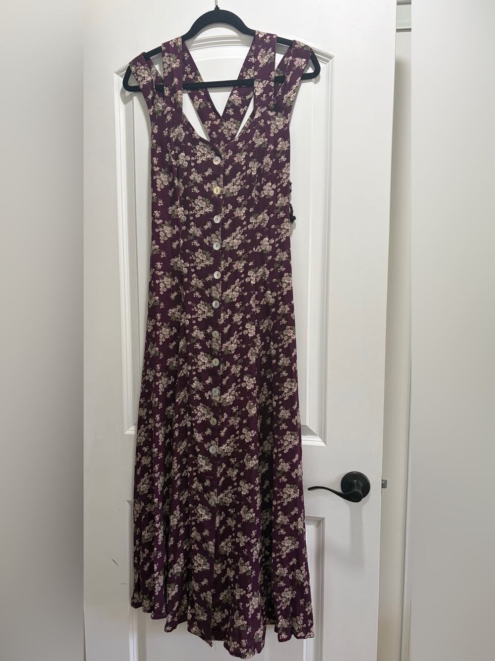 Vintage 90s CDC Floral Maxi Dress - Strappy Lattice Back - Burgundy Maroon